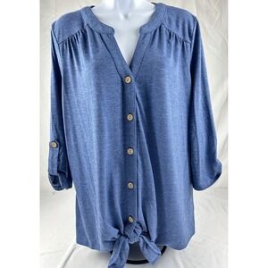 Fortune & Ivy Blue Button Front Top Womens Large Tie Front Roll Tap Sleeve Large